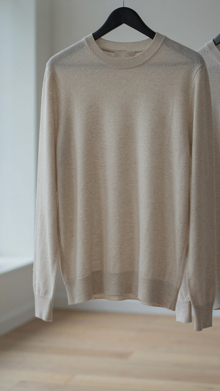 A simple, versatile merino wool crew neck sweater hangs on a rack.
