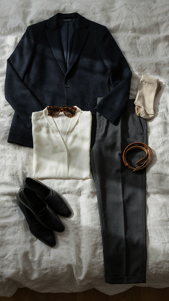 A neat collection of clothes for a capsule wardrobe for a work trip.