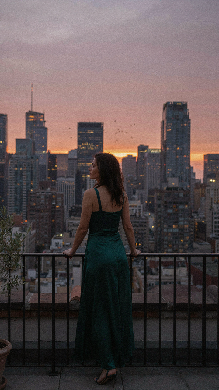 A woman in a stylish rooftop cocktail party outfit watches the city lights below.
