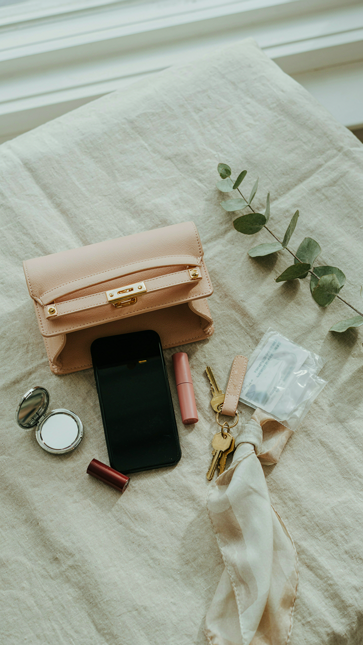 A small handbag shows a phone, keys, lipstick, ID, and mirror inside.