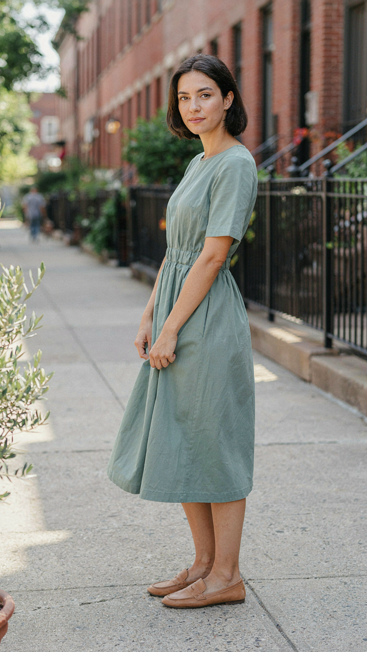 A woman in a midi dress, weight on her back leg, adjusting the hem.