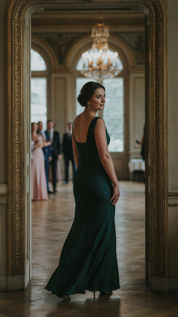 An elegant woman makes a confident entrance into a grand ballroom.