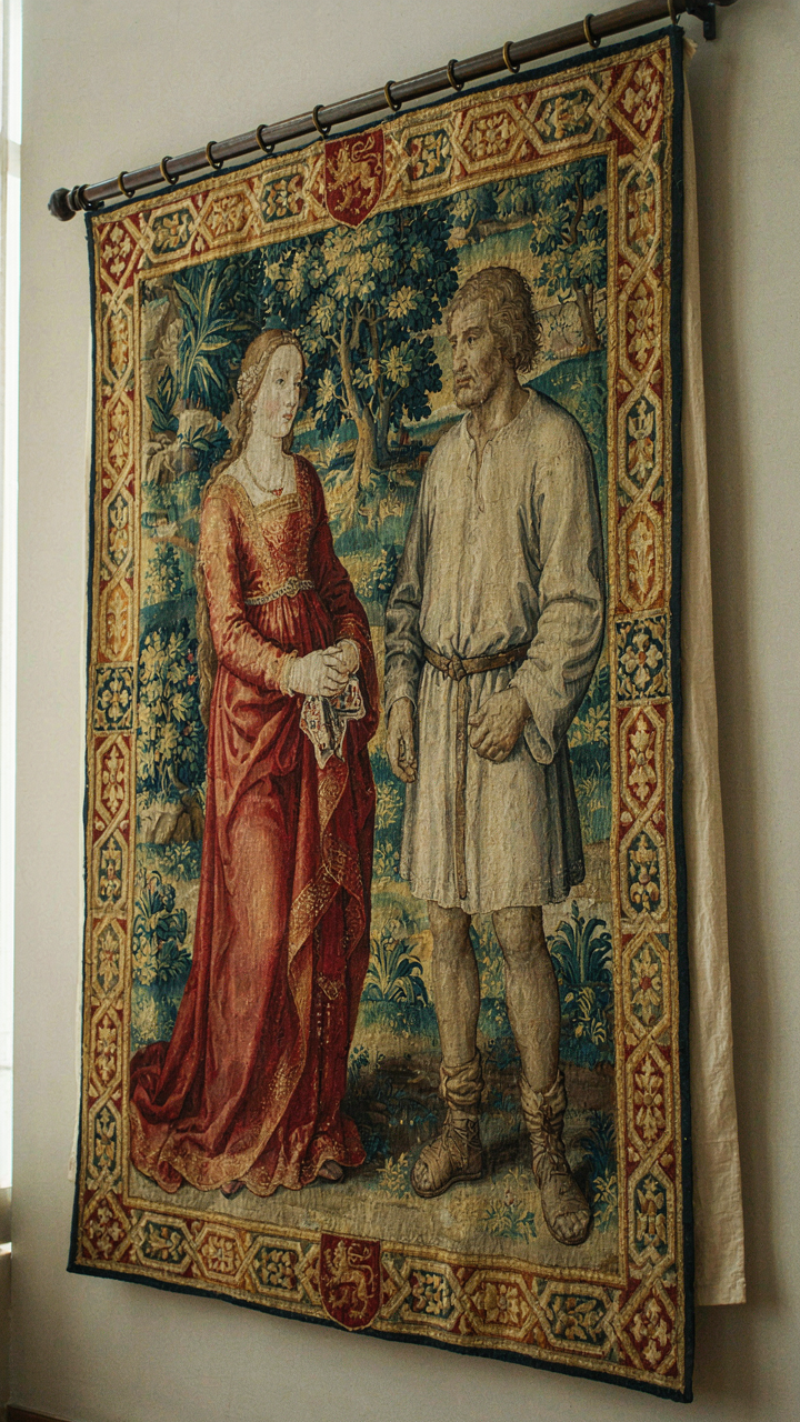 A medieval tapestry shows a noblewoman in velvet next to a man in linen.