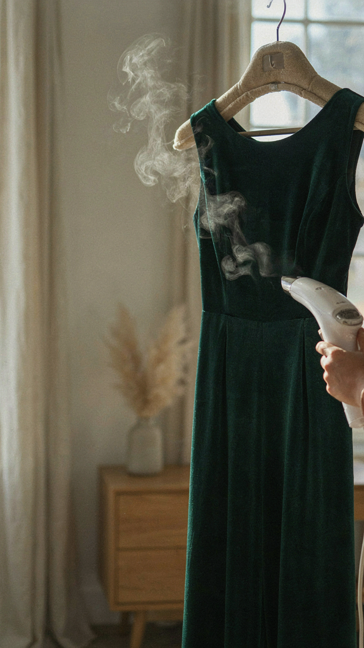 Handheld clothing steamer emitting steam towards a velvet jumpsuit on a hanger.