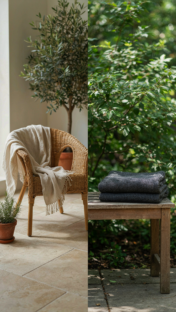 A linen shawl is indoors, while a wool shawl is outdoors in different venues.
