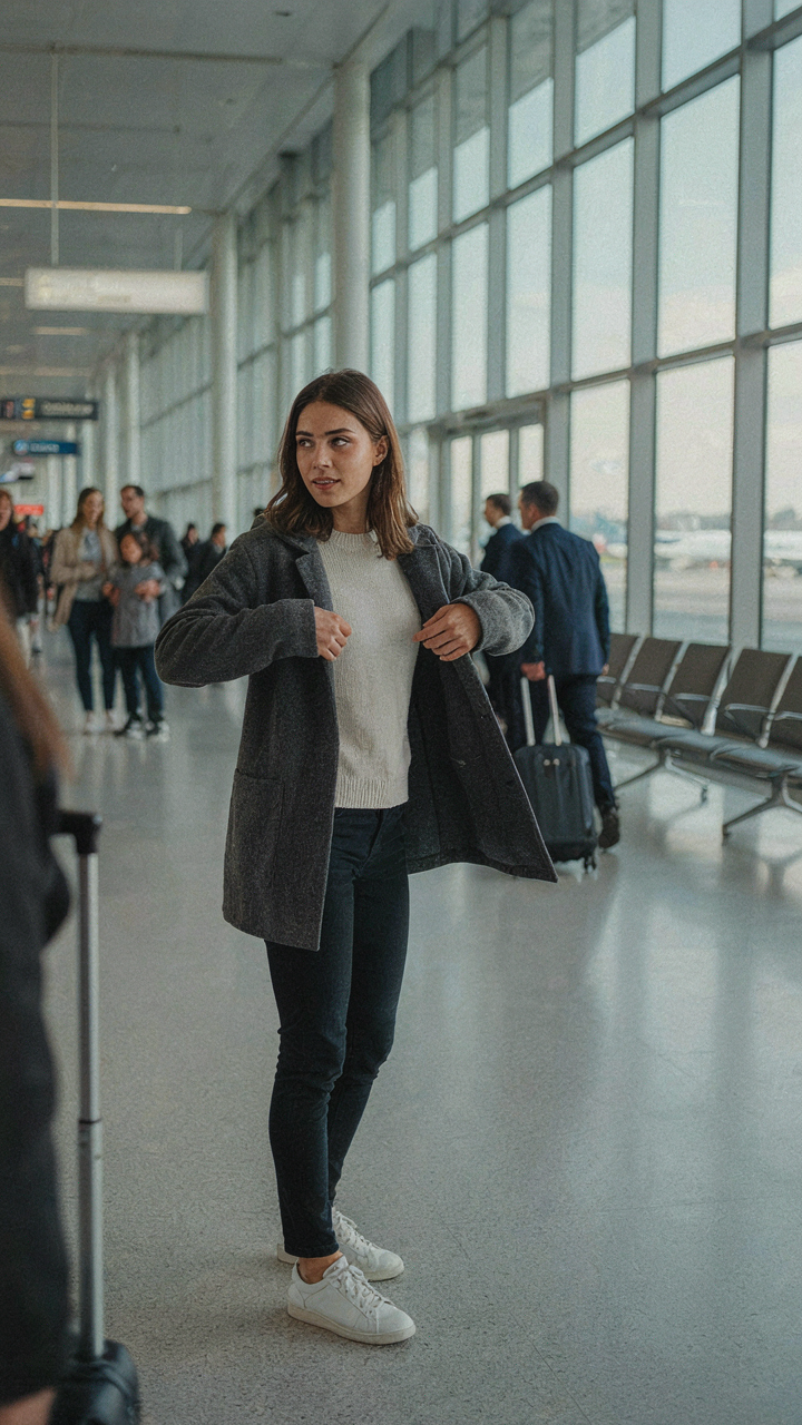 A traveler adjusts a mid-layer jacket in a busy airport terminal, controlling warmth.