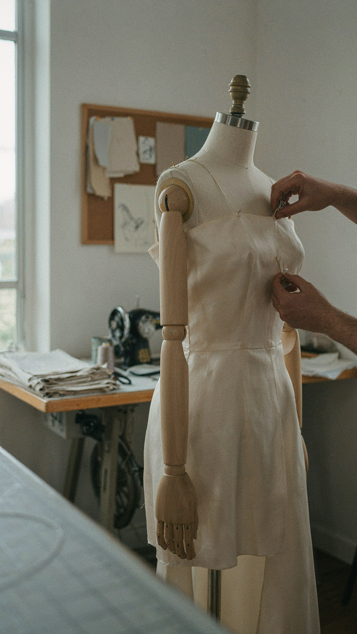 A tailor's hand adjusts the armhole of a dress on a petite dress form.