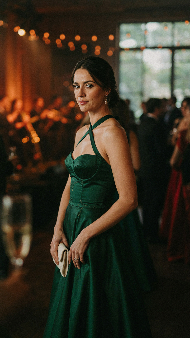 Woman in an elaborately formal halter dress at a high society event in Rio.