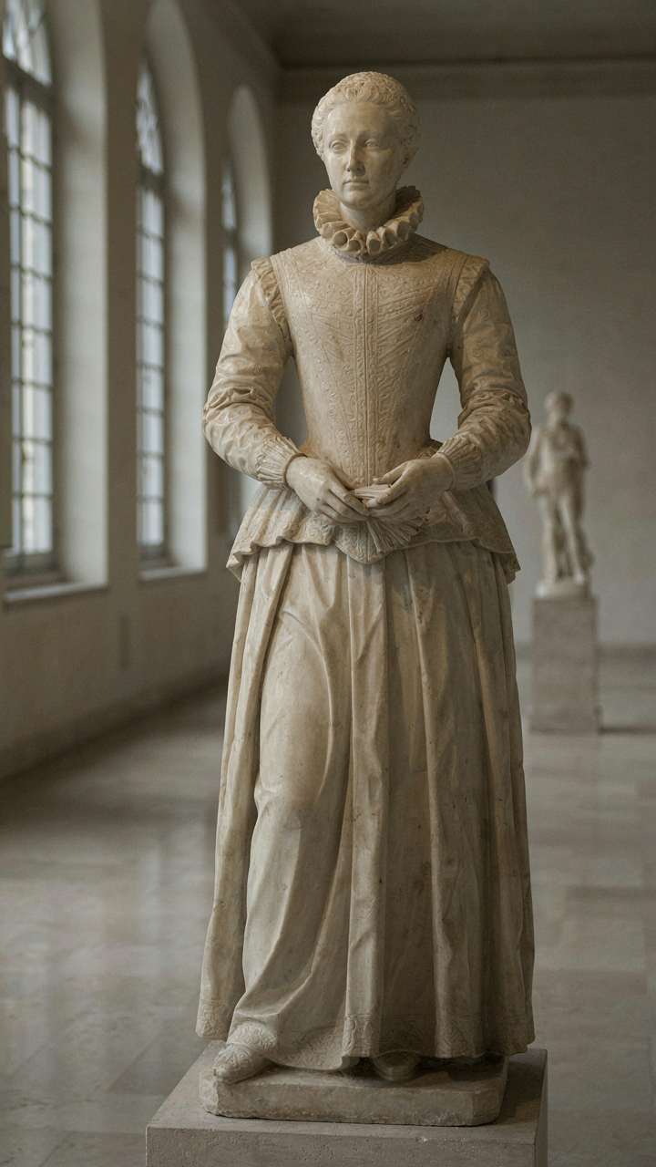 A 17th-century Spanish noblewoman statue, wearing a structured, high-necked gown.