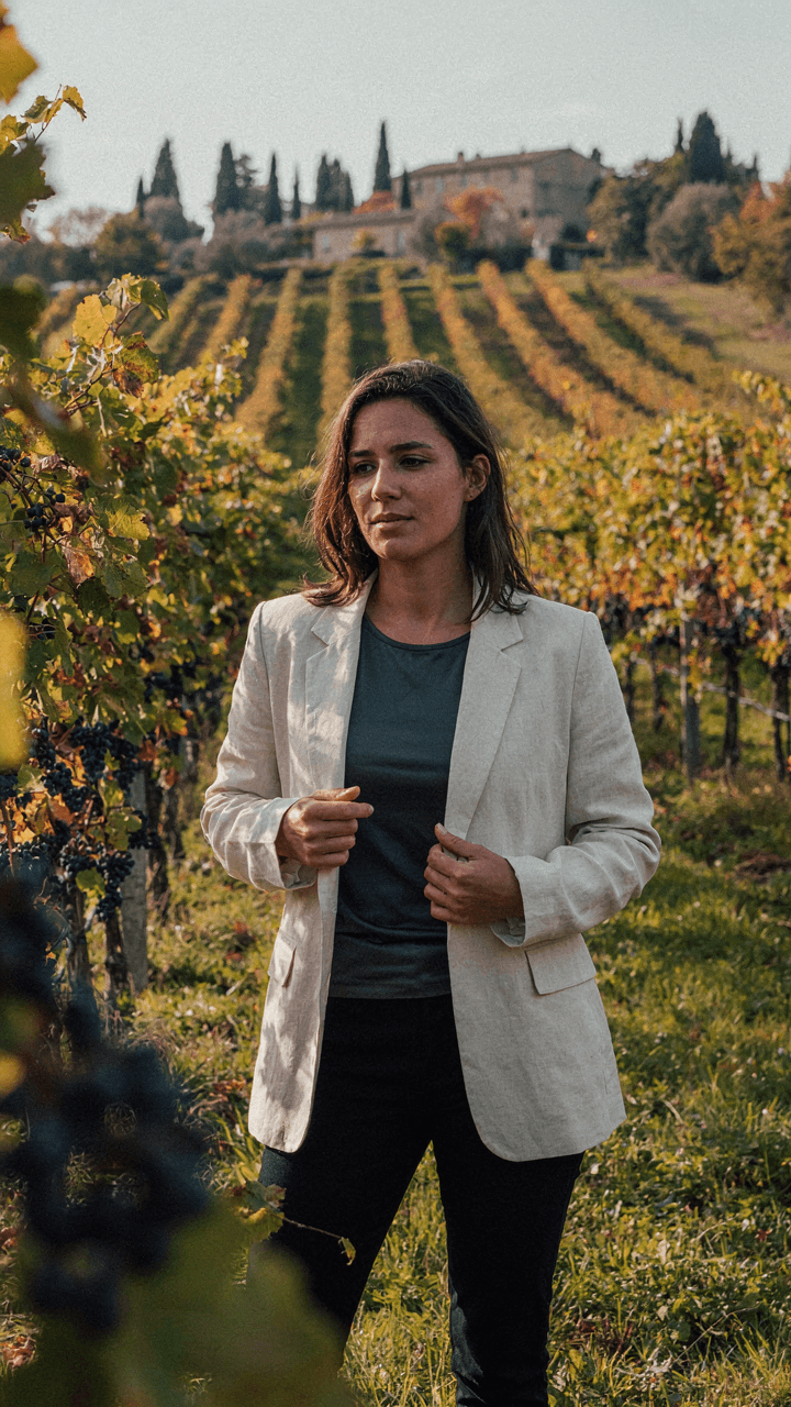 A woman adjusts her layered outfit in a sunny vineyard.