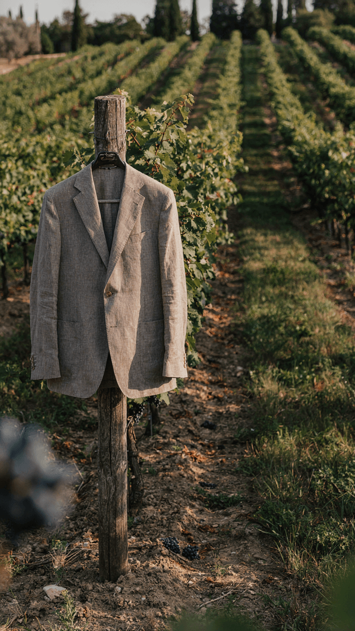 A classic linen blazer hangs on a wooden post in a vineyard.