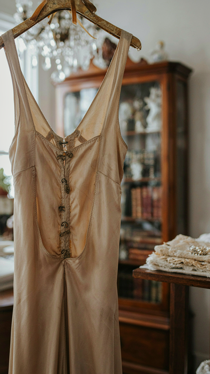 A close-up of a 1920s evening gown's hook-and-eye closure.