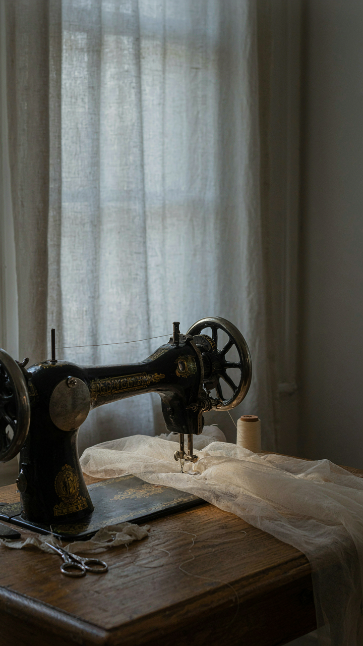 A vintage sewing machine works on delicate tulle fabric.