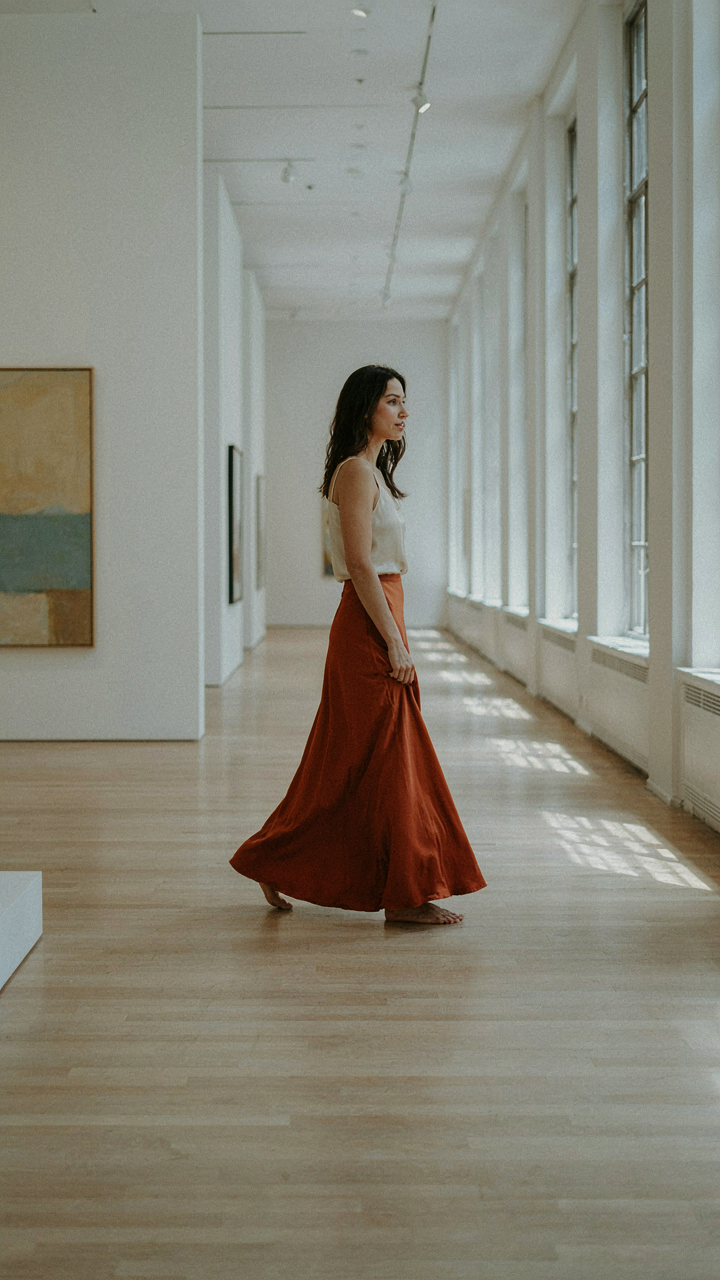 A woman in a fitted bodice and flowing maxi skirt walks in an art gallery.