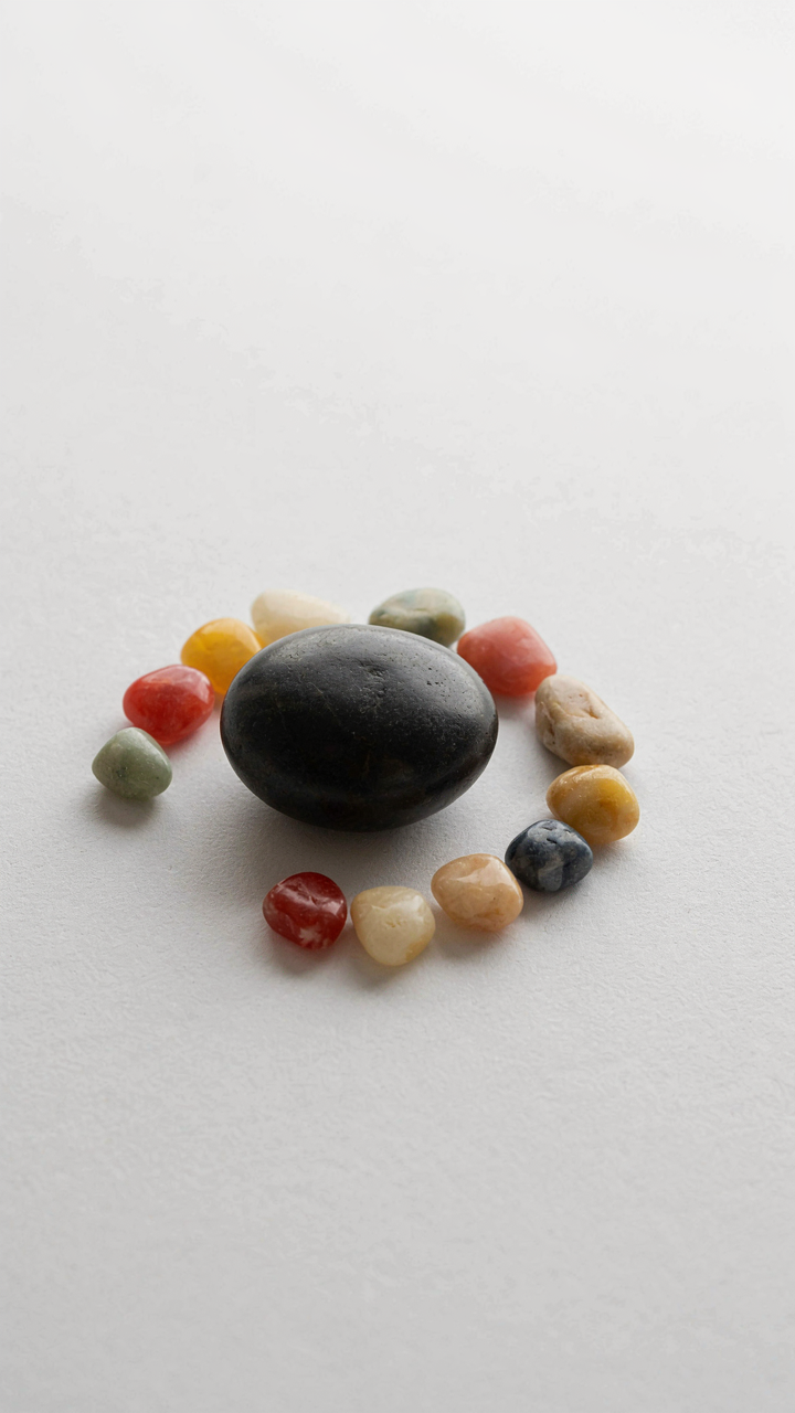 A large dark stone acts as an anchor for smaller, colorful pebbles orbiting it.