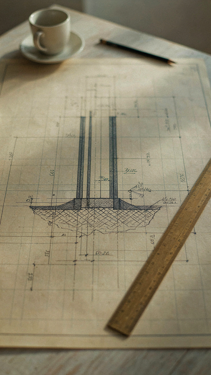 Detailed architectural blueprint of a wide load-bearing wall's stable foundation.