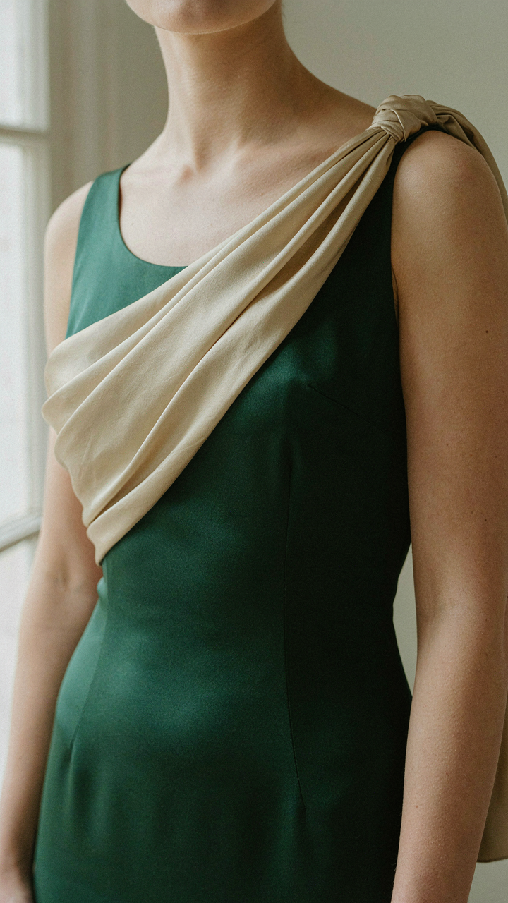 A silk charmeuse wrap elegantly drapes over a woman's sleeveless evening gown.