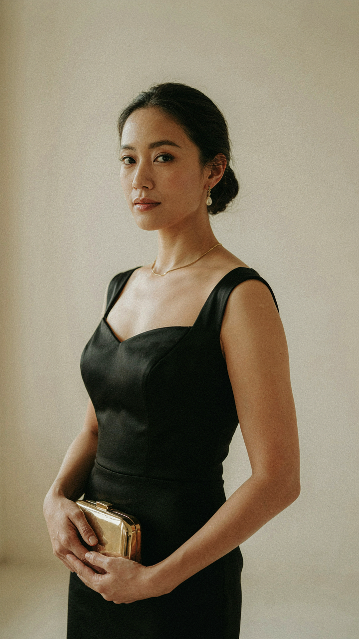 A woman in a classic cocktail dress with a clutch and jewelry.