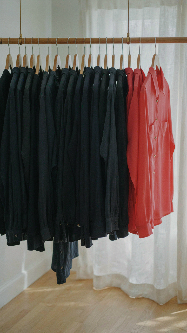A closet with many similar dark blue blouses and one new, bright blouse.