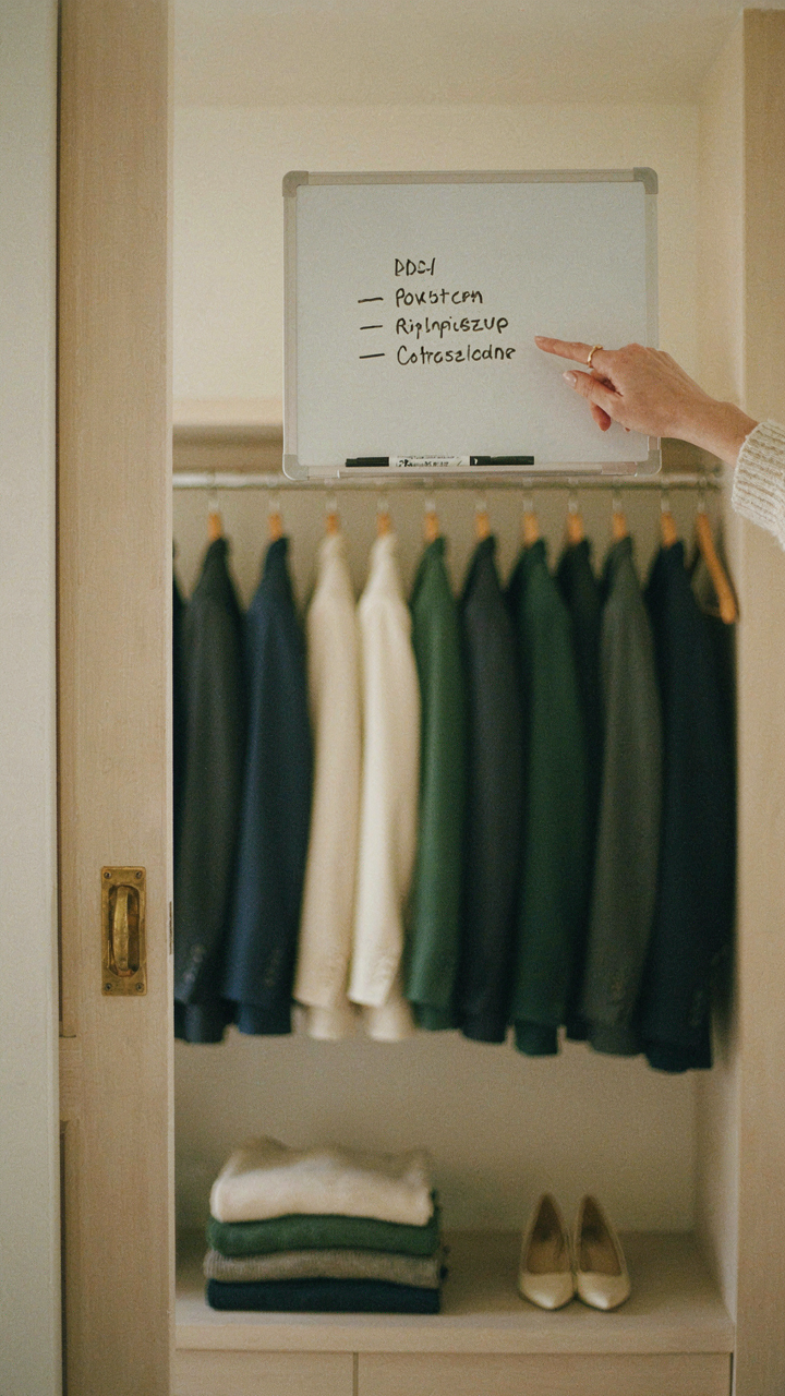 A woman's hand points to her personalized wardrobe algorithm on a board.