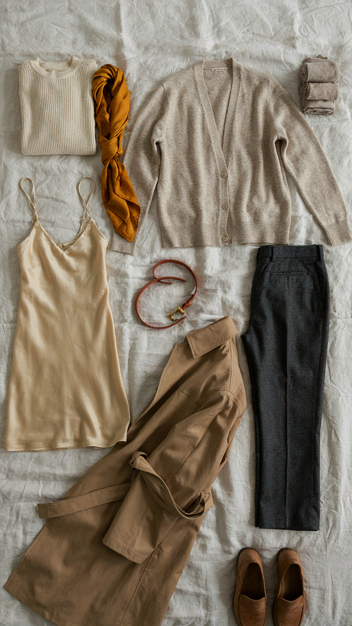 A capsule wardrobe of neutral clothing with two accent pieces arranged on a bed.