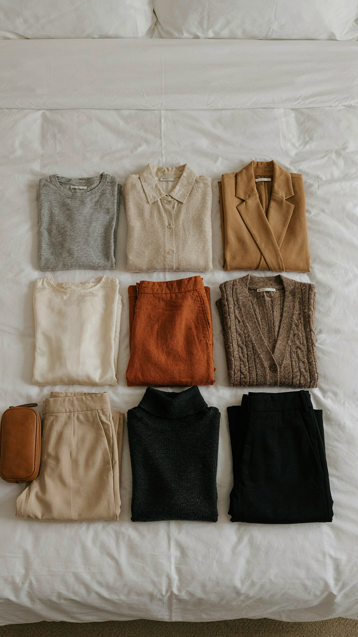 A minimalist capsule wardrobe with ten neutral pieces laid on a bed.