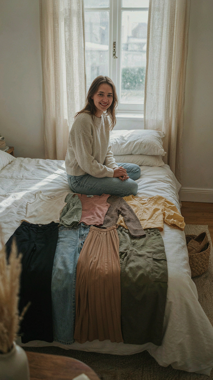 A woman looks at five tops and four bottoms laid out on a bed.