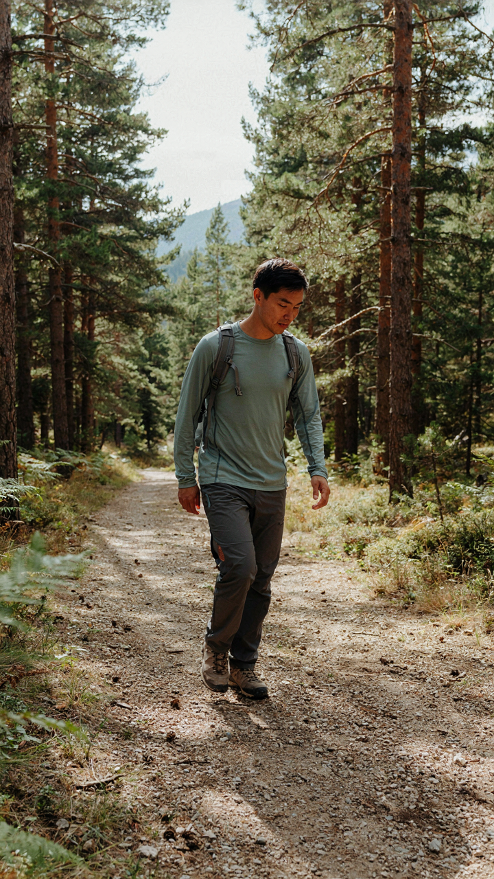 Person hiking in vented, moisture-wicking clothes on a sunny trail.