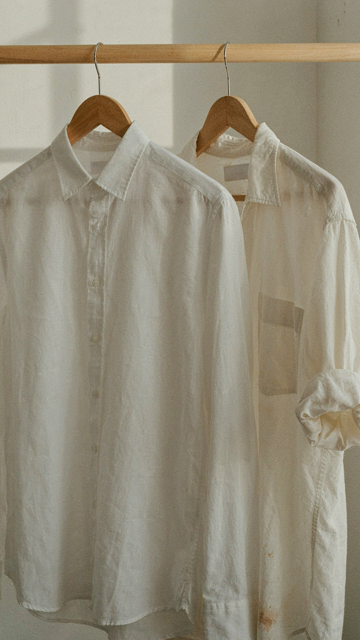 A crisp linen shirt hangs beside a messy cotton shirt, showing the importance of coherence.