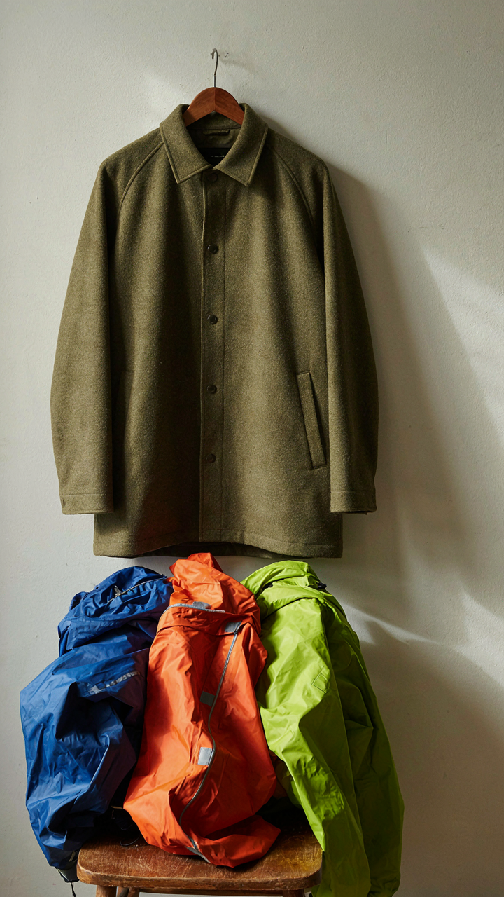 One versatile overshirt neatly hung, contrasting with many crumpled raincoats below.