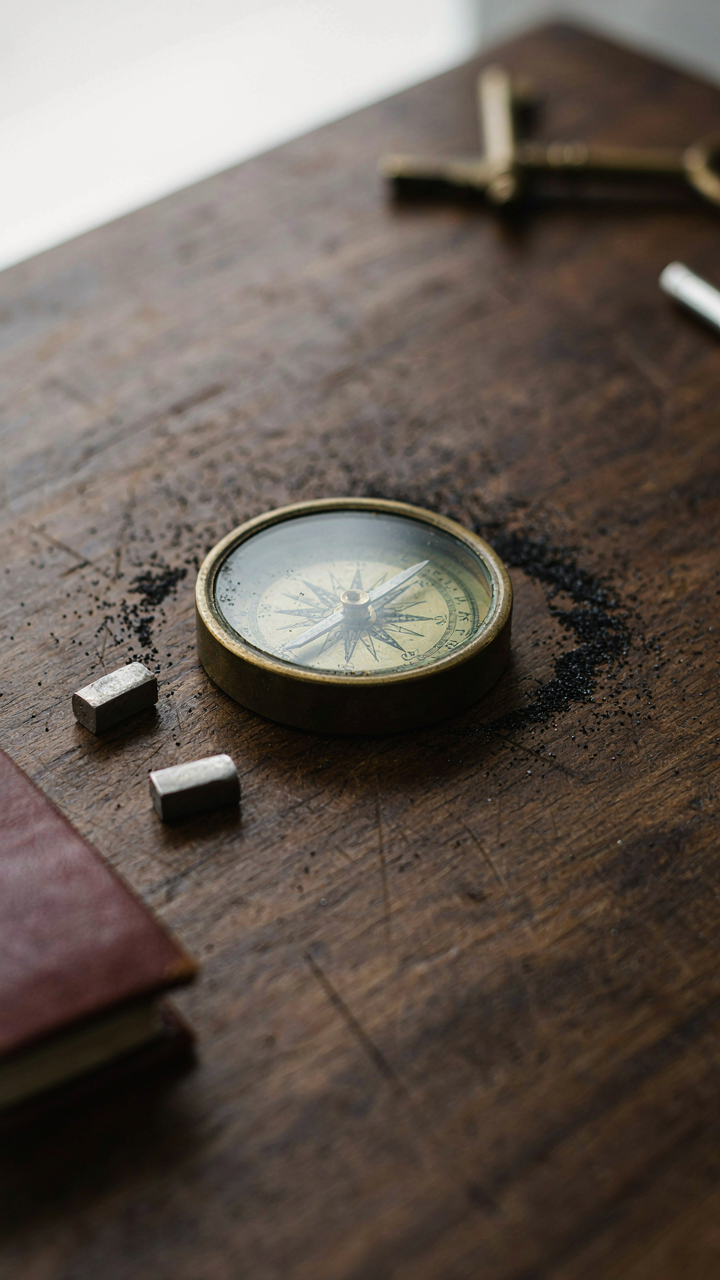 An antique compass with metal filings showing tension and balance.
