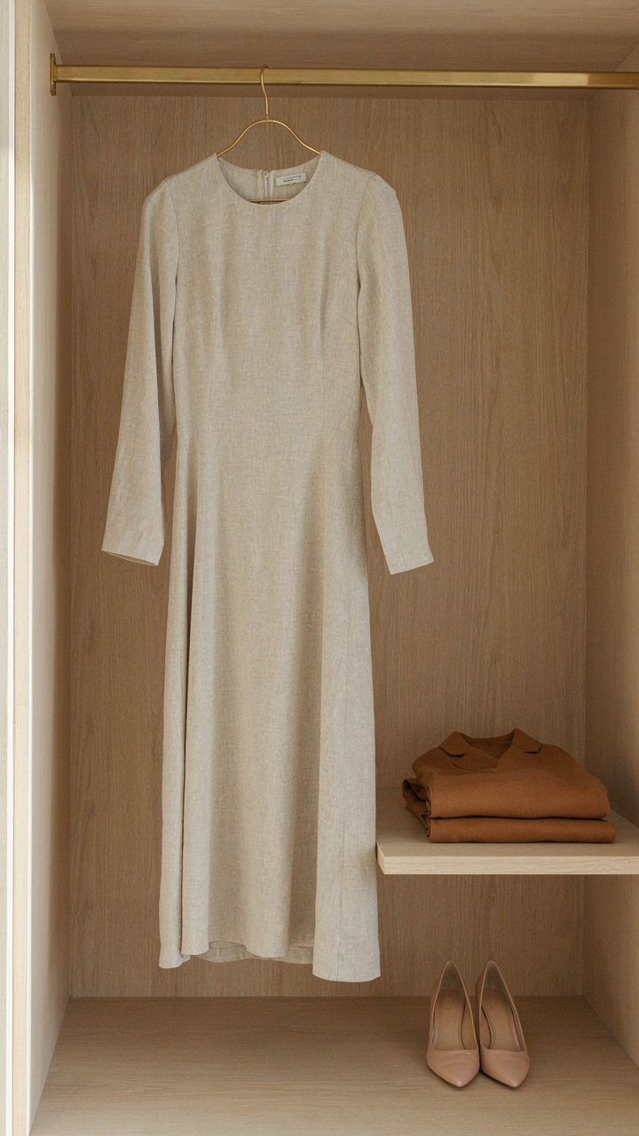 A long sleeve midi dress in linen with a blazer and heels.