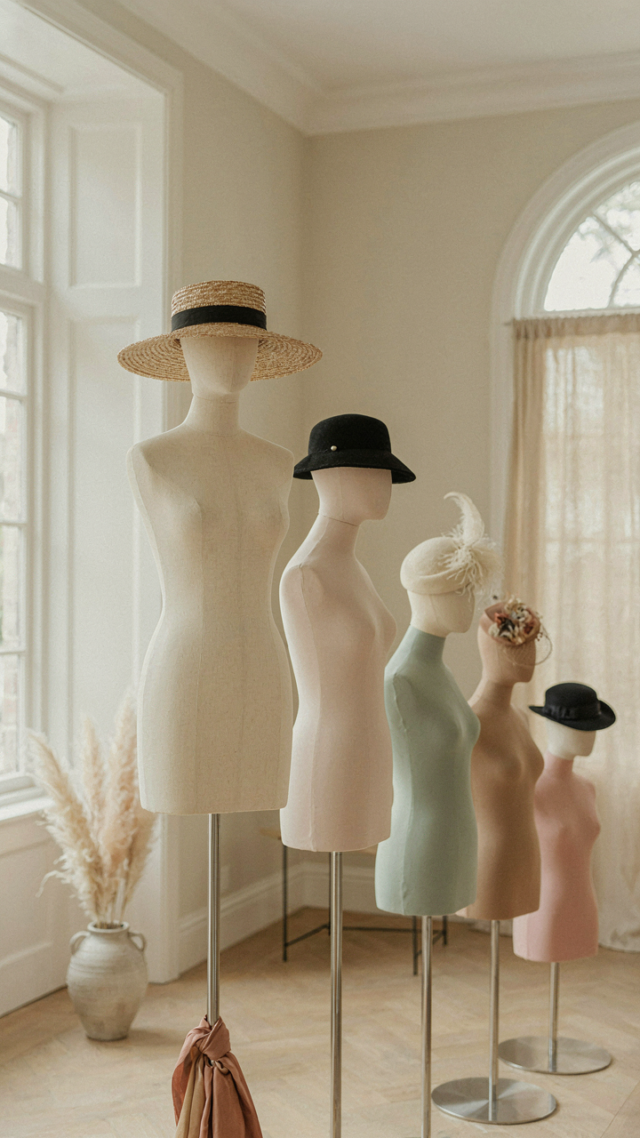 A display of hats and fascinators with different silhouettes.