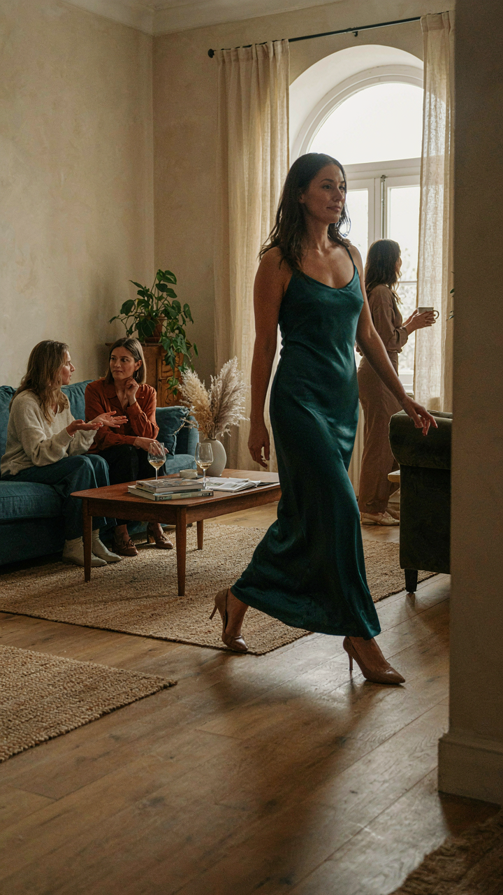A woman walks at a wedding, her comfortable heels unseen under a table.