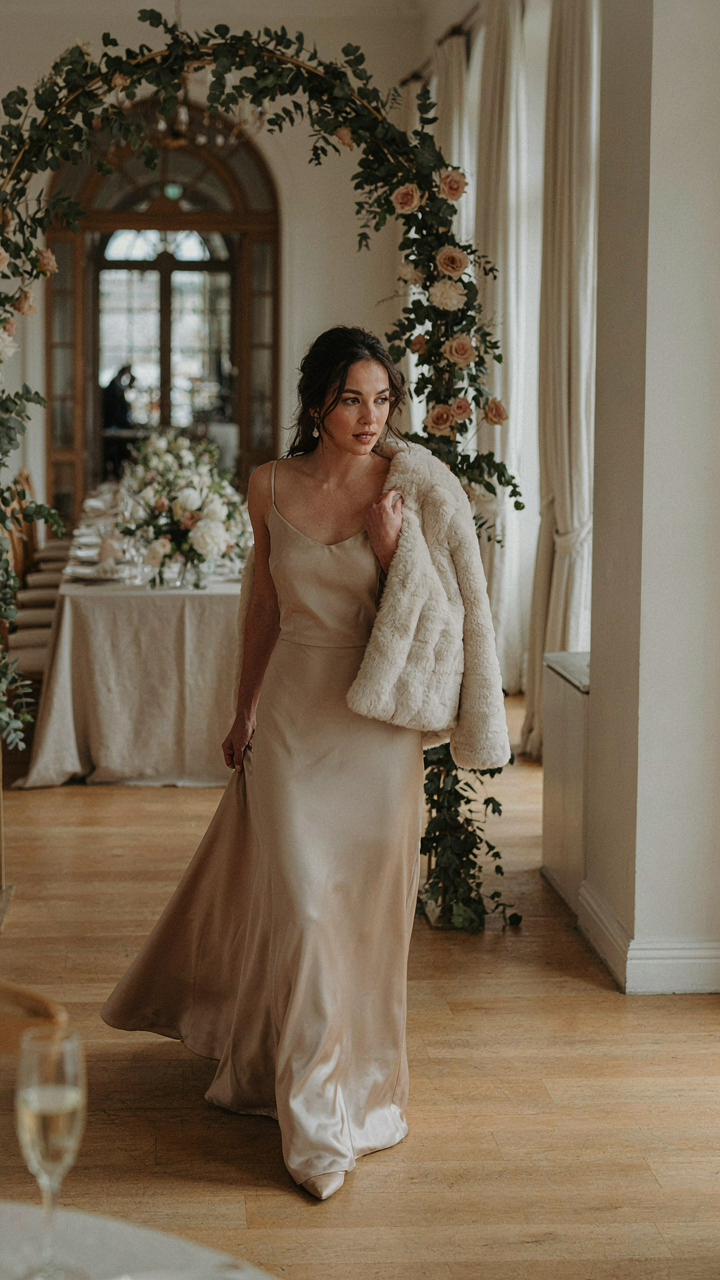 A stylish woman removes her faux fur coat at a grand wedding venue.