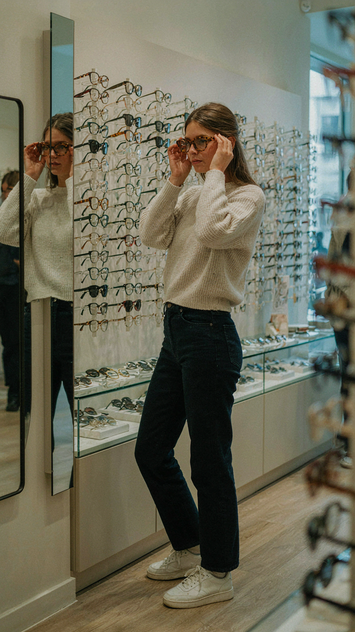 A person trying on sunglasses in an optical store, assessing the fit.