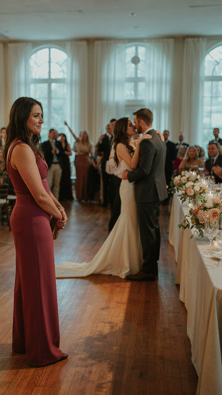 A wedding guest in a burgundy wide leg jumpsuit watches the bride.