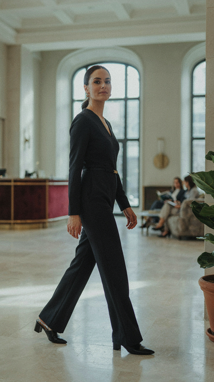 A confident woman in a tailored wedding guest jumpsuit walks through a hotel lobby.