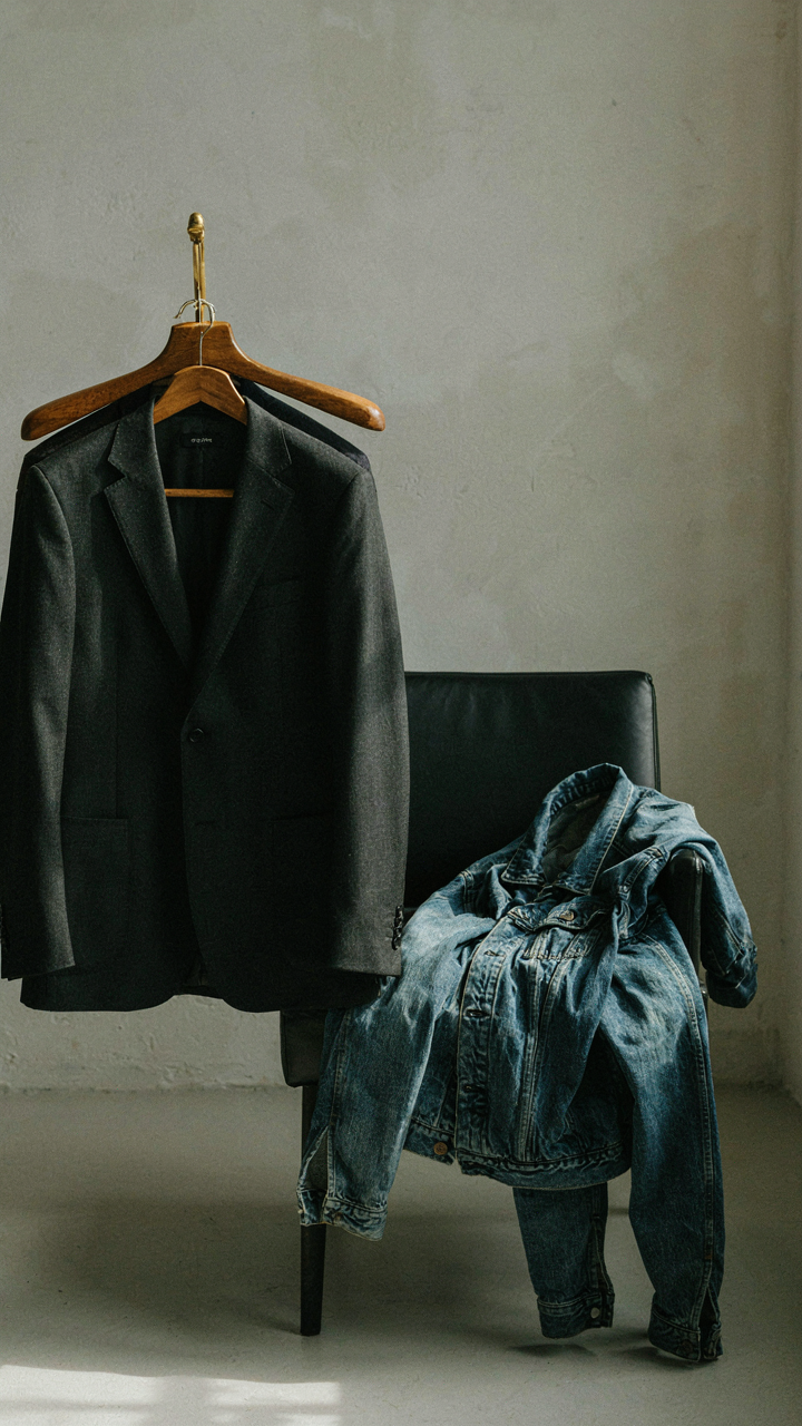 A tailored wool blazer hangs beside a crumpled denim jacket on a chair.