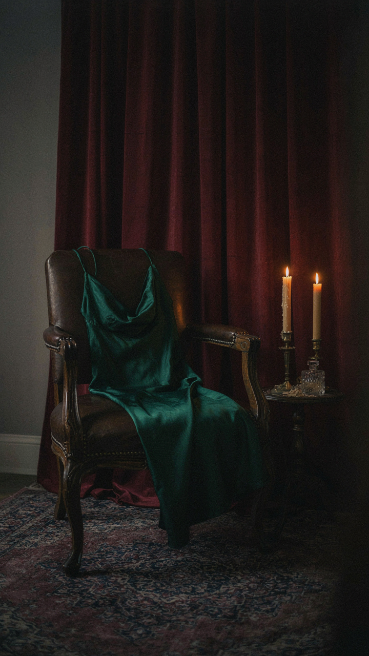 A deep emerald green silk slip dress draped on a chair in a dim room.