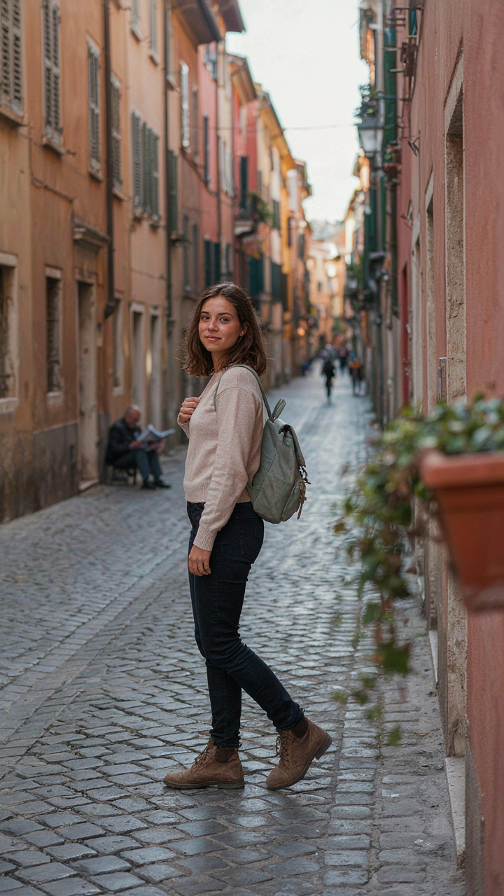 A person moves easily with a light backpack on a cobblestone street.