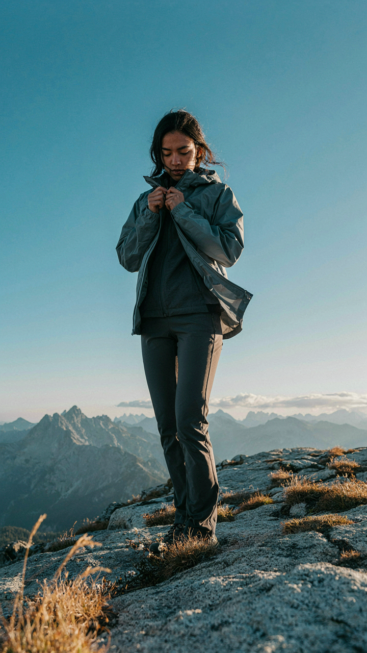 A person zips up a layered jacket in a brisk mountain landscape, adapting to temperature changes.