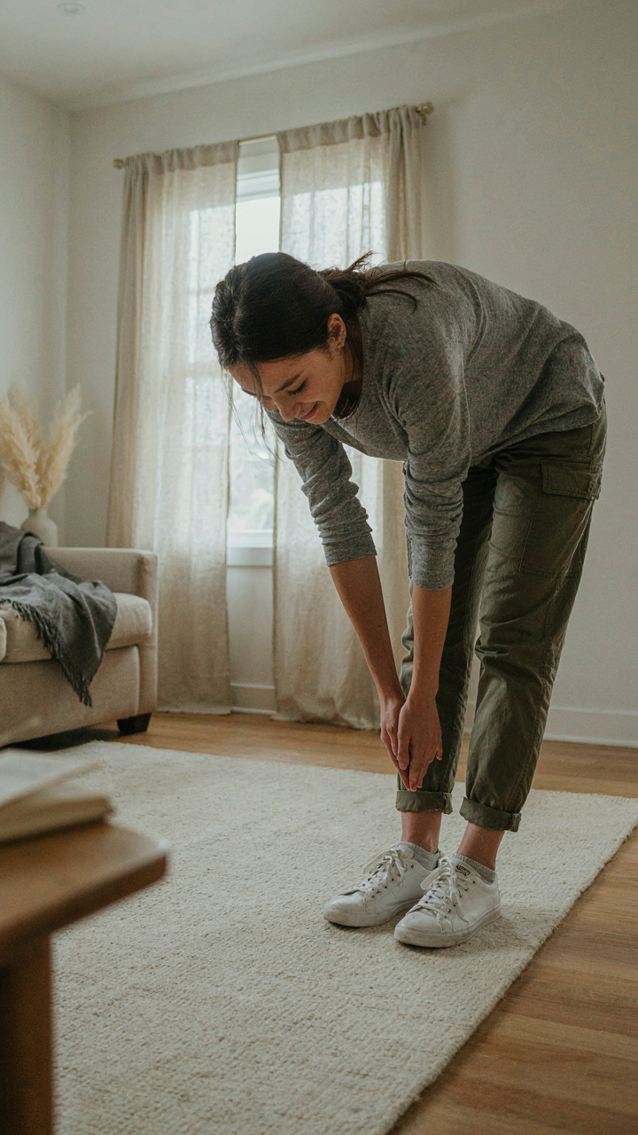 A person bending over in a living room, testing clothes for comfortable movement.