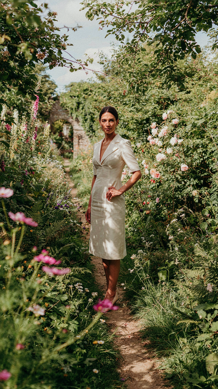 A tailored dress stands on a wild, overgrown garden path.