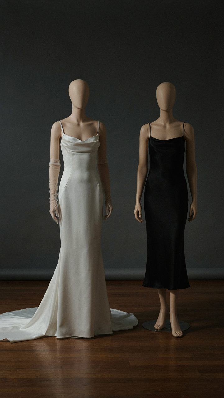 Two mannequins show a white tie gown versus a black tie dress.