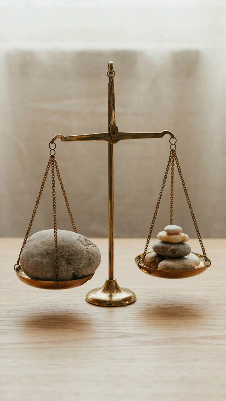 A balanced scale with a large stone and small, arranged pebbles.