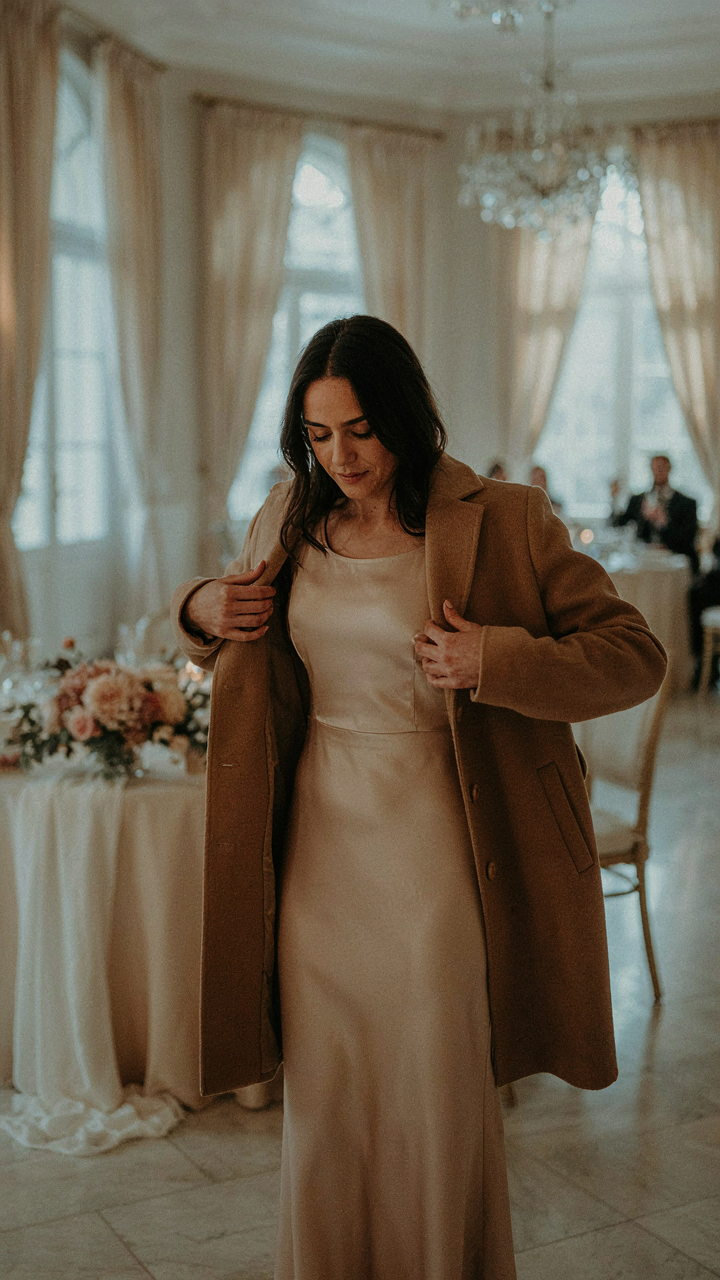 A woman removes her structured wool winter coat, revealing an elegant dress.