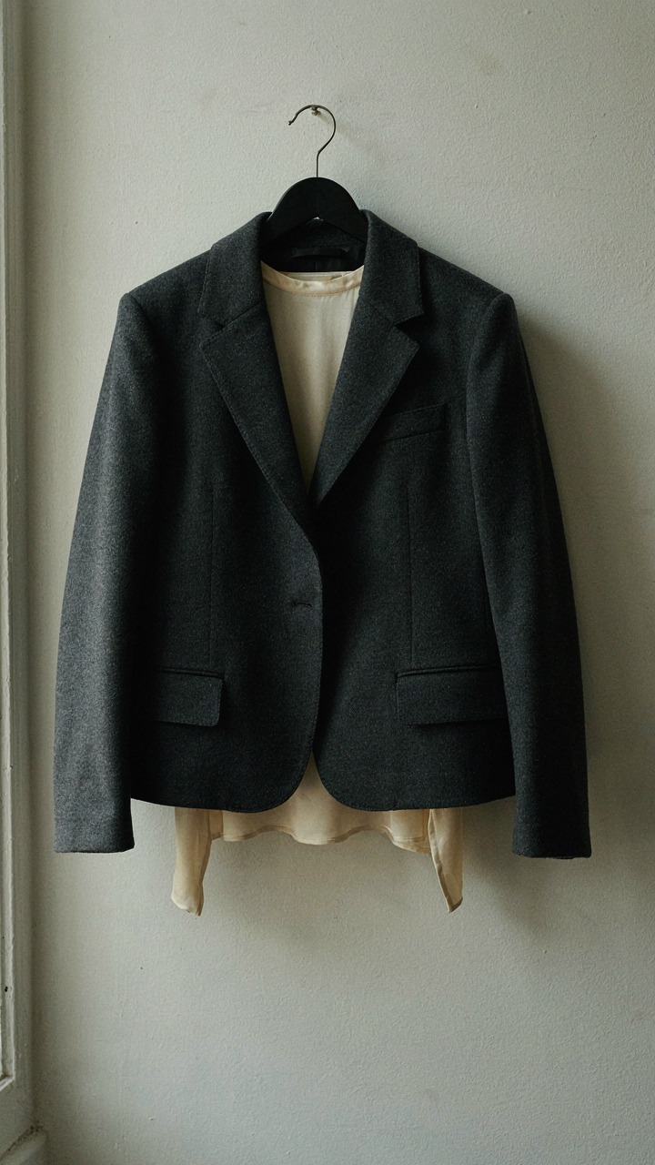 A heavy wool evening jacket layered over a fitted silk top on a hanger.