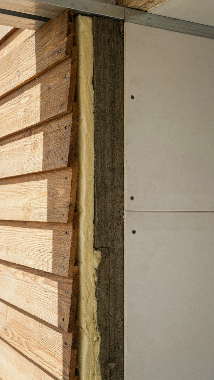 A detailed cross-section of a building wall with insulation.