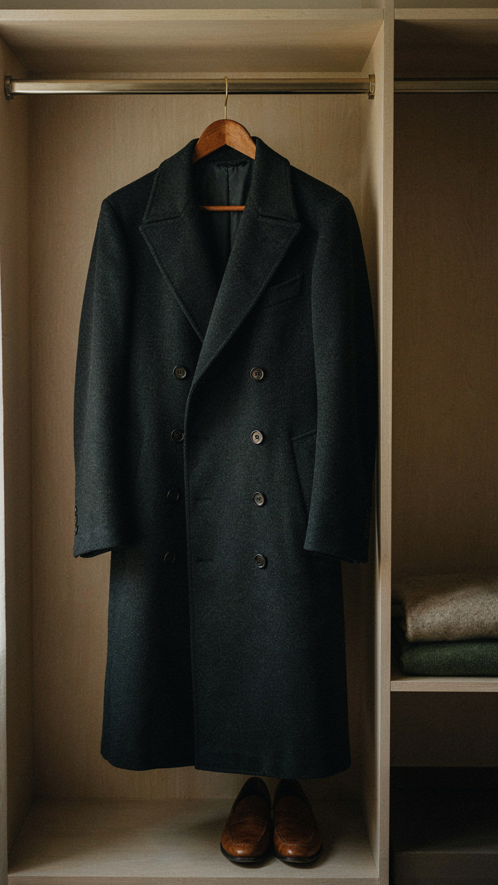 A classic, high-quality dark wool coat hangs in a well-organized closet.